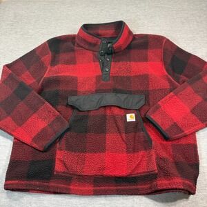 Carhartt Men Relaxed Fit Fleece Jacket XXL Reg‎ Snap Neck Red Black Check